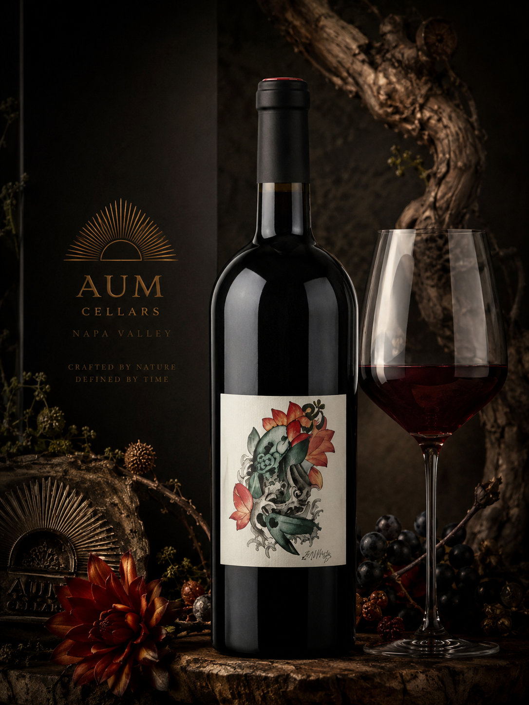 Aum Cellars Napa Valley wine bottle and glass